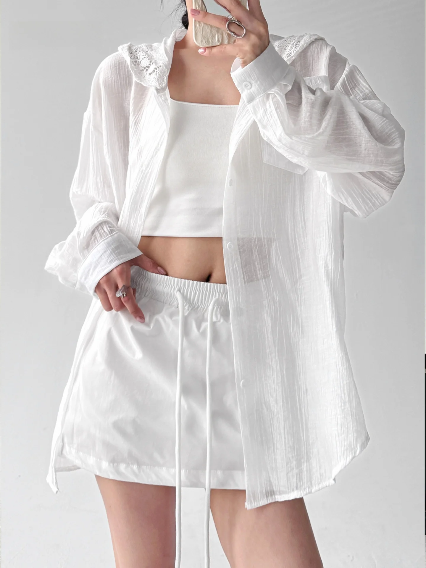 

New 2025 White Long Sve Hooded Sun Protection irt Women's Summer Thin Loose Korean Sle Lazy Wind Coat Top Polyester Co...