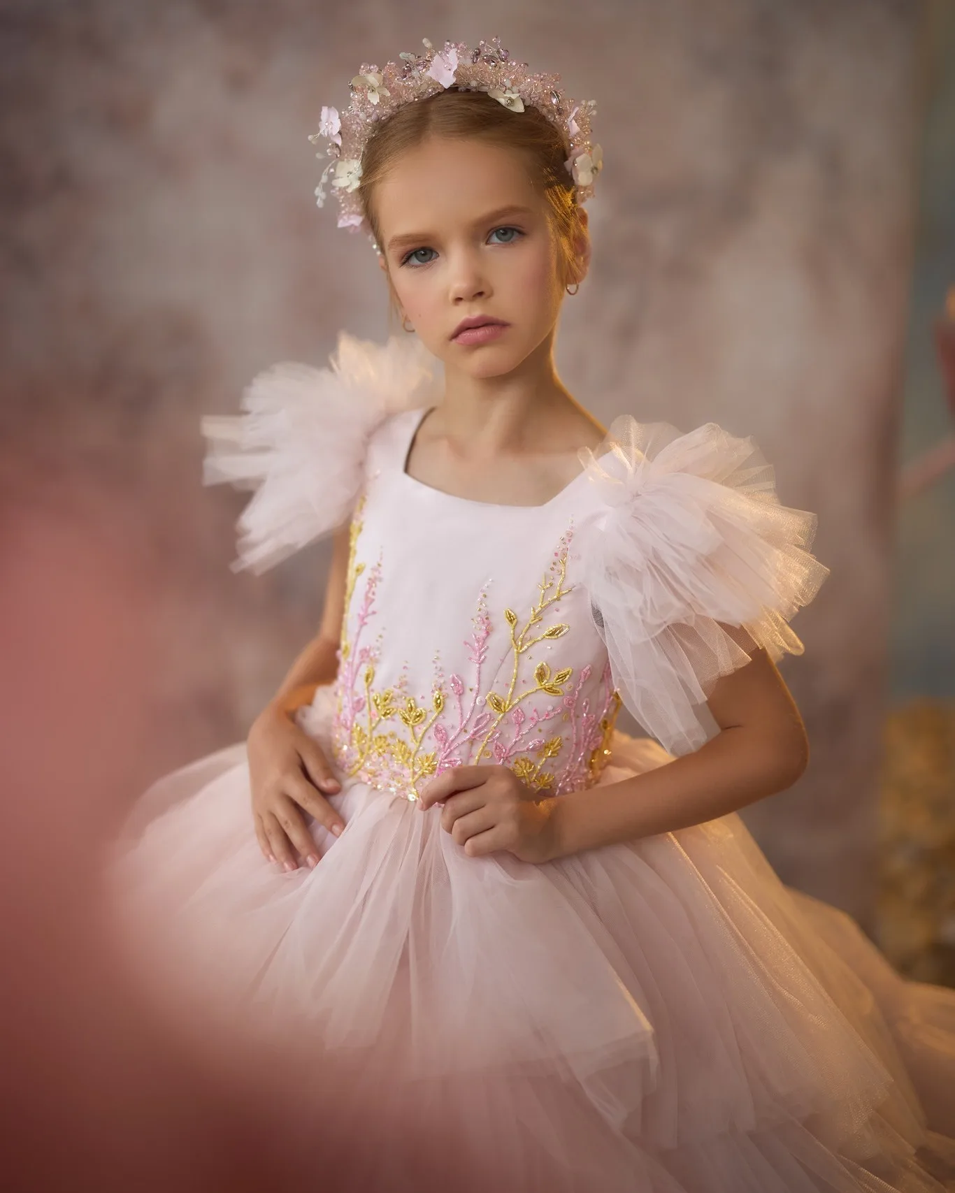 Robes de demoiselle d'honneur rose blush, en tulle, pour fête d'anniversaire de petite fille, robes de première communion pour enfants