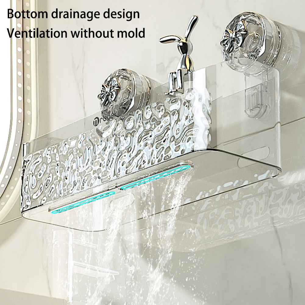 Simple Glacier Pattern Storage Shelf With Suction Cup Stable Toiletries Organization Rack For Shower Home