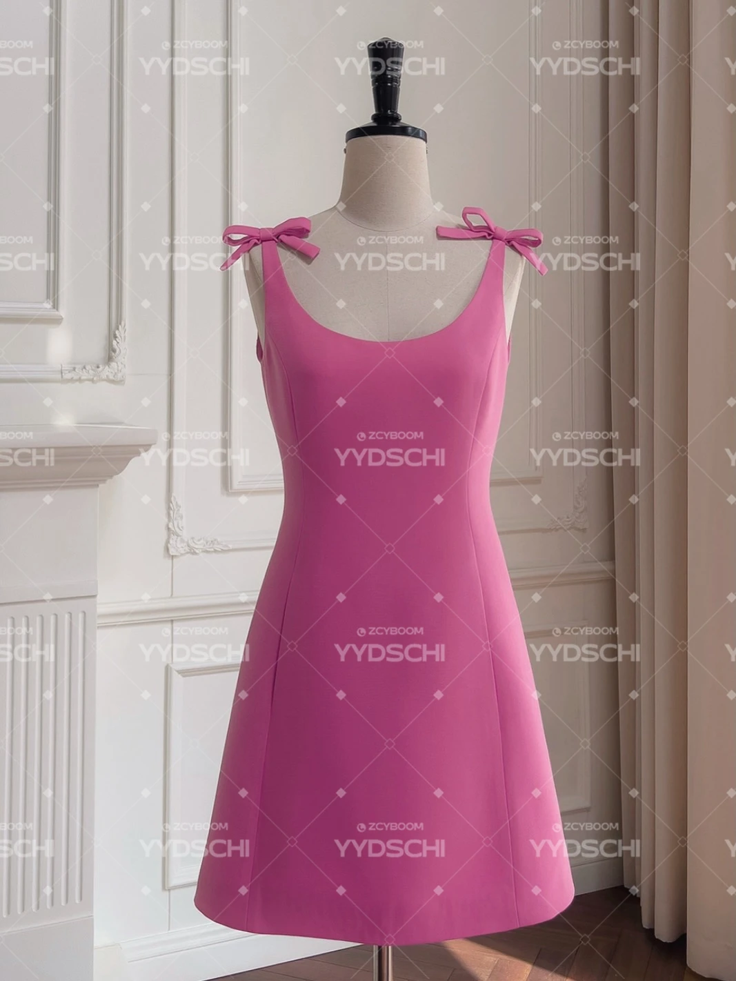 Maßgeschneidertes, elegantes A-Linien-Minikleid mit Schleife für Cocktailpartys, Satin-Spaghettiträger, O-Ausschnitt, Abendkleider über dem Knie, Ballkleid – Detail 4