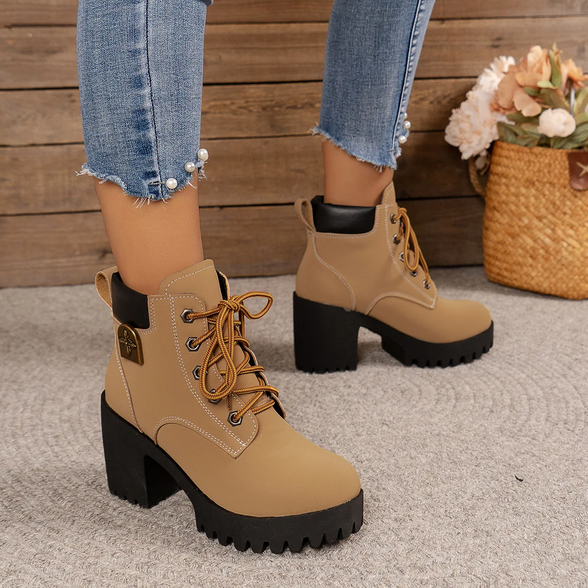 

Chunky Heels Ankle Boots for Woman 2026 Autumn New British Style Round Toe High Heels Shoes Woman Lace Up Platform Short Booties