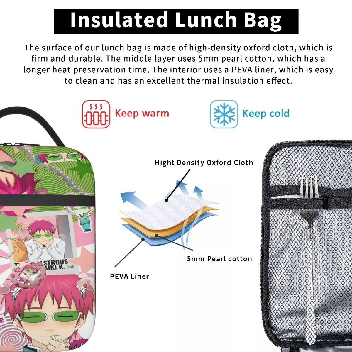 Saiki K أنيمي حقيبة الغداء للنساء مصمم علب الاغذية حقيبة للحفاظ على البرودة المدرسية عادية المحمولة معزول أكسفورد حقائب الغداء الحرارية #3