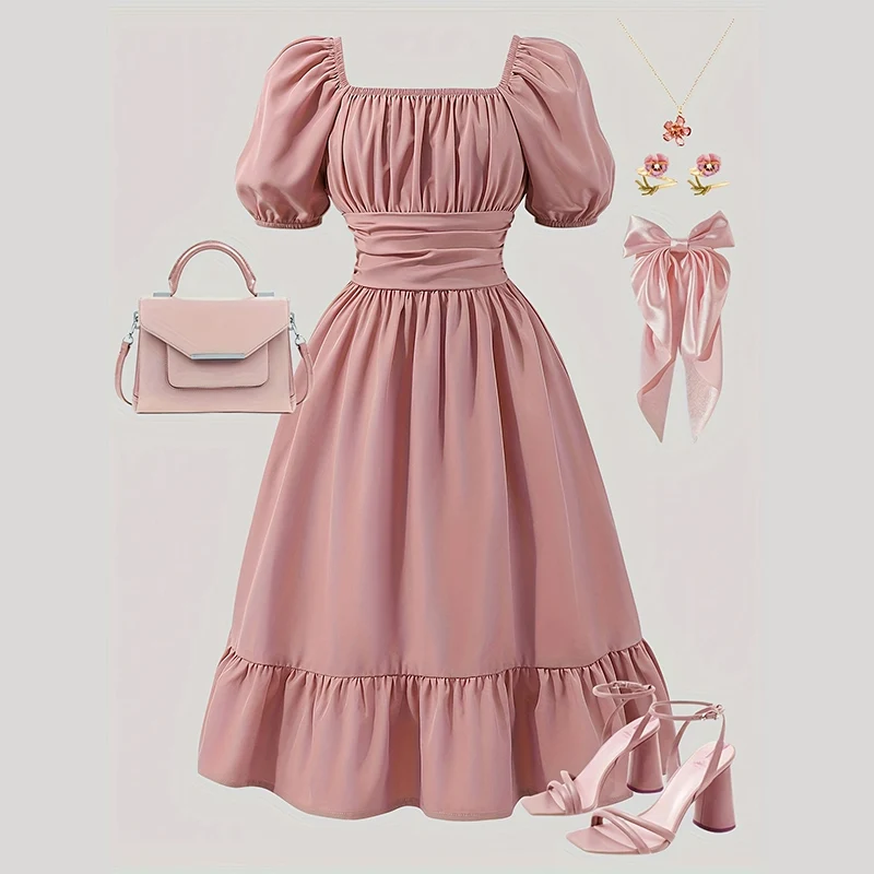 Spring And Summer Women's And Children's Casual Cute And Elegant One Shoulder Lantern Sleeve Bow Solid Color Fluffy Dress