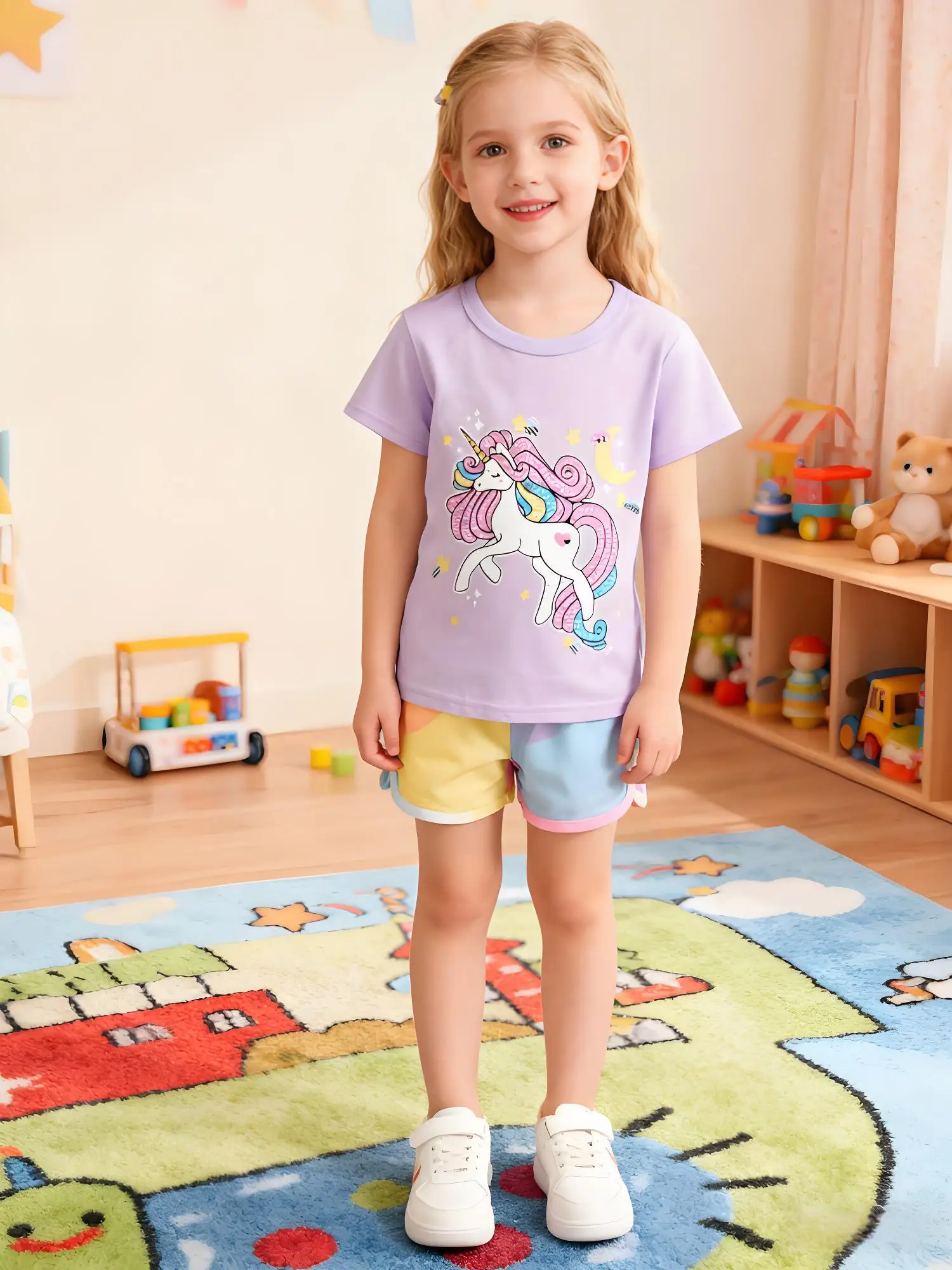 

Toddler Girls' Lavender Short Sleeve T-Shirt - Cute Rainbow Unicorn Print, Soft Cotton Tee for Summer Casual Outfits