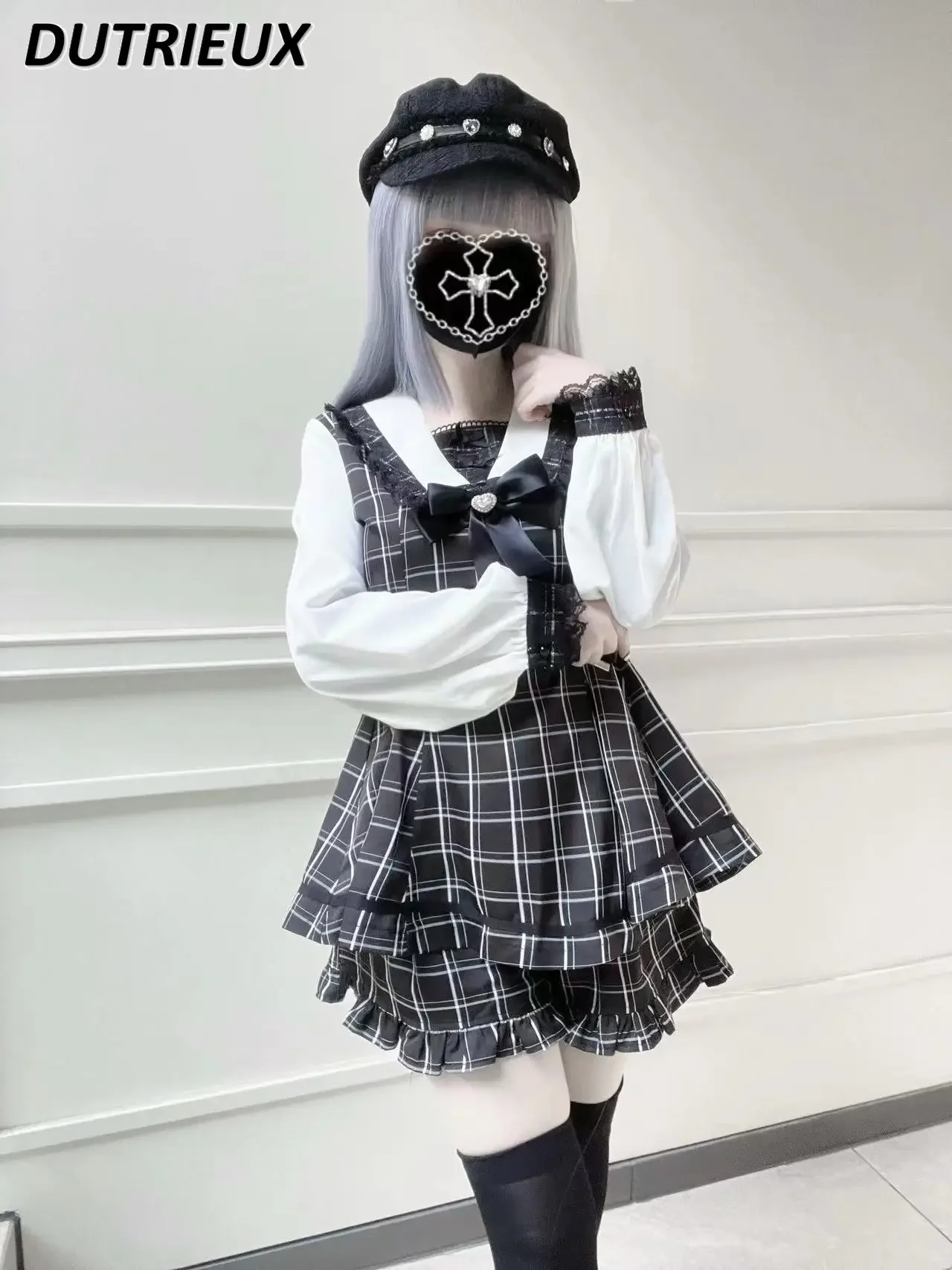 Japanese Style Mine Mass-Produced Tops Shirt Collar Lace Long Sleeve Dress and Base Shorts Color Matching Two-Piece Suit