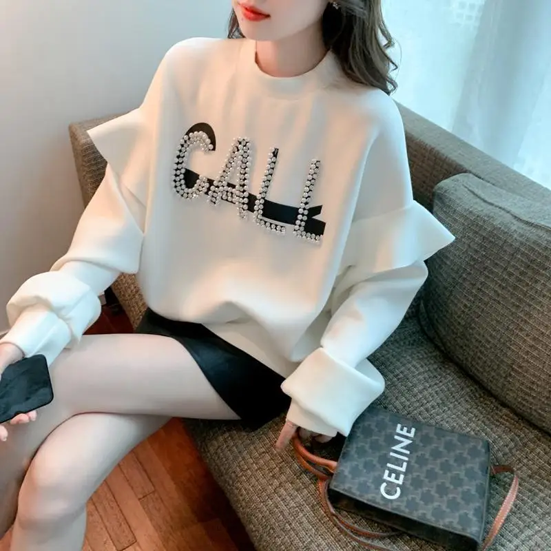 Fashion O-Neck Letter Beading Butterfly Sleeve Blouses Women's Clothing 2023 Autumn Winter Loose Korean Tops Casual Shirts