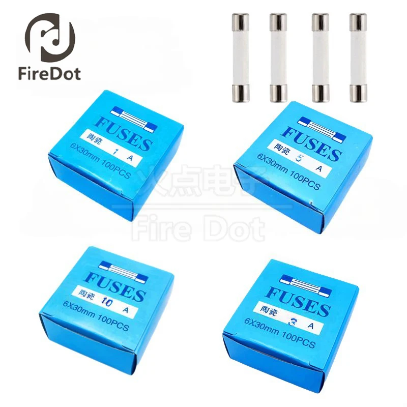 100 pieces/1 box 6*30mm ceramic fuse tube  250V fuse 1A 1.25A 1.5A 1.6A 2A 2.5A 3A 3.15A 4A 5A 6A 6.3A 7A 8A 10A 12A 15A 16A 20