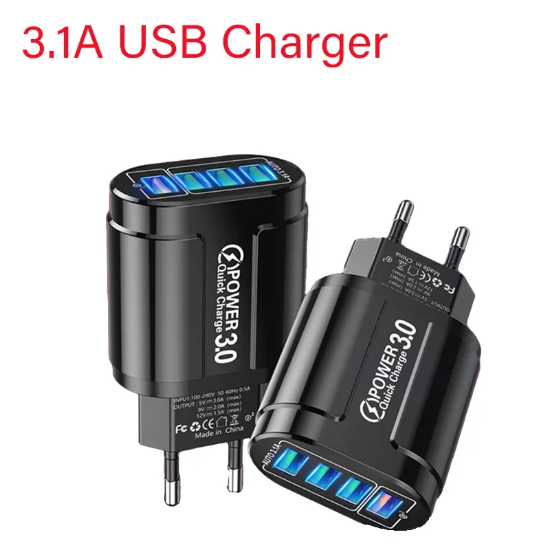 

For IPhone 14 13 for Samsung for Xiaomi Phone 4 Port USB Charger EU/US/UK Plug Travel Charger Fast Charging QC 3.0 Wall Charging