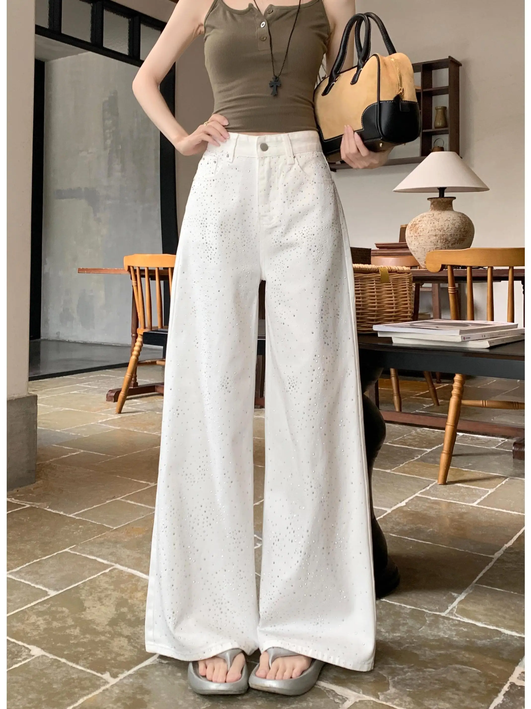 

High Waist Wide Leg Denim Jeans Women Summer 2026 New Style White Loose Drapey Straight Cut Glittering Trendy Casual Jeans