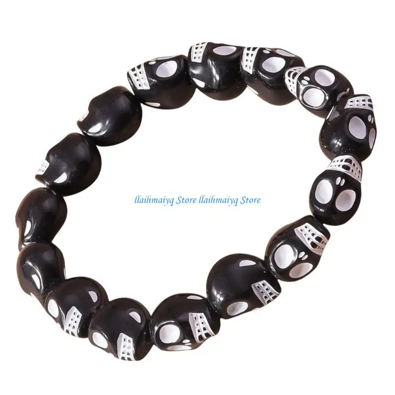 

573B Gothic Skull Elastic Bracelet Trendy Beaded Handchain Halloween Costume Jewelry
