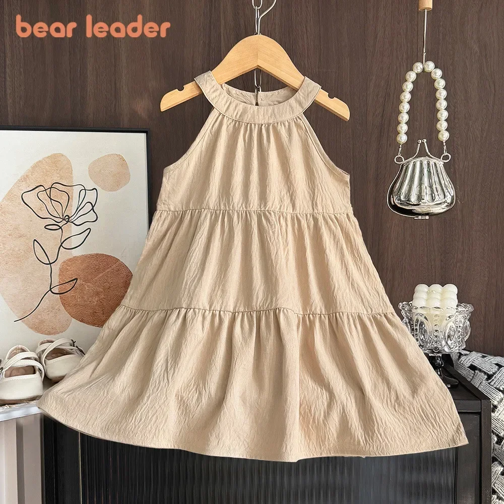 

Bear Leader Korean Version Plain Princess Dress Summer Solid Color Neck Hanging Girls Clothes 3-7 Years Kids Fashion Wear