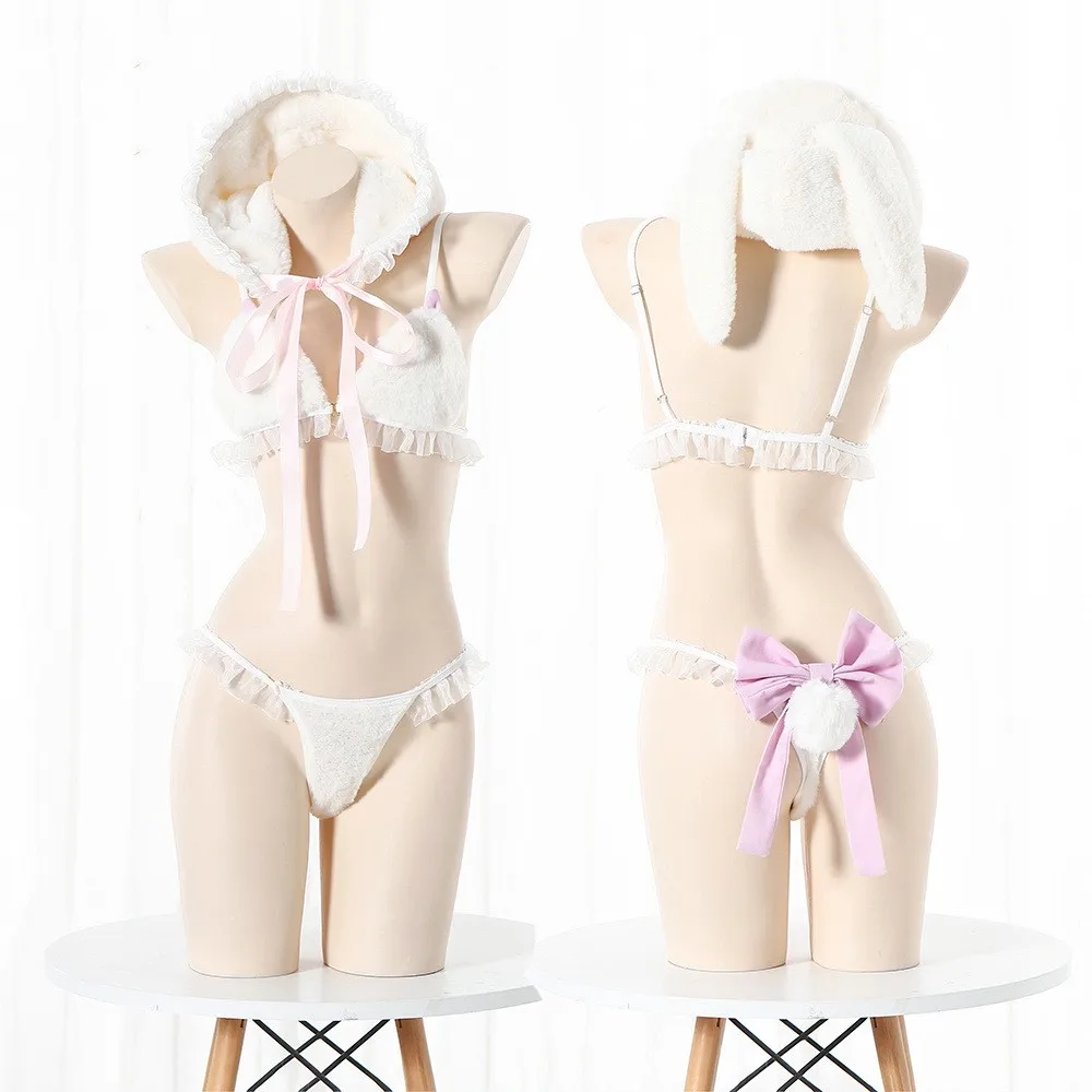 

Cute Girl White Bikini Plush Hat Cute Rabbit Girl Underwear Sexy Uniform Outfits Sexy Cosplay Costume Women Kawaii Lingerie Set