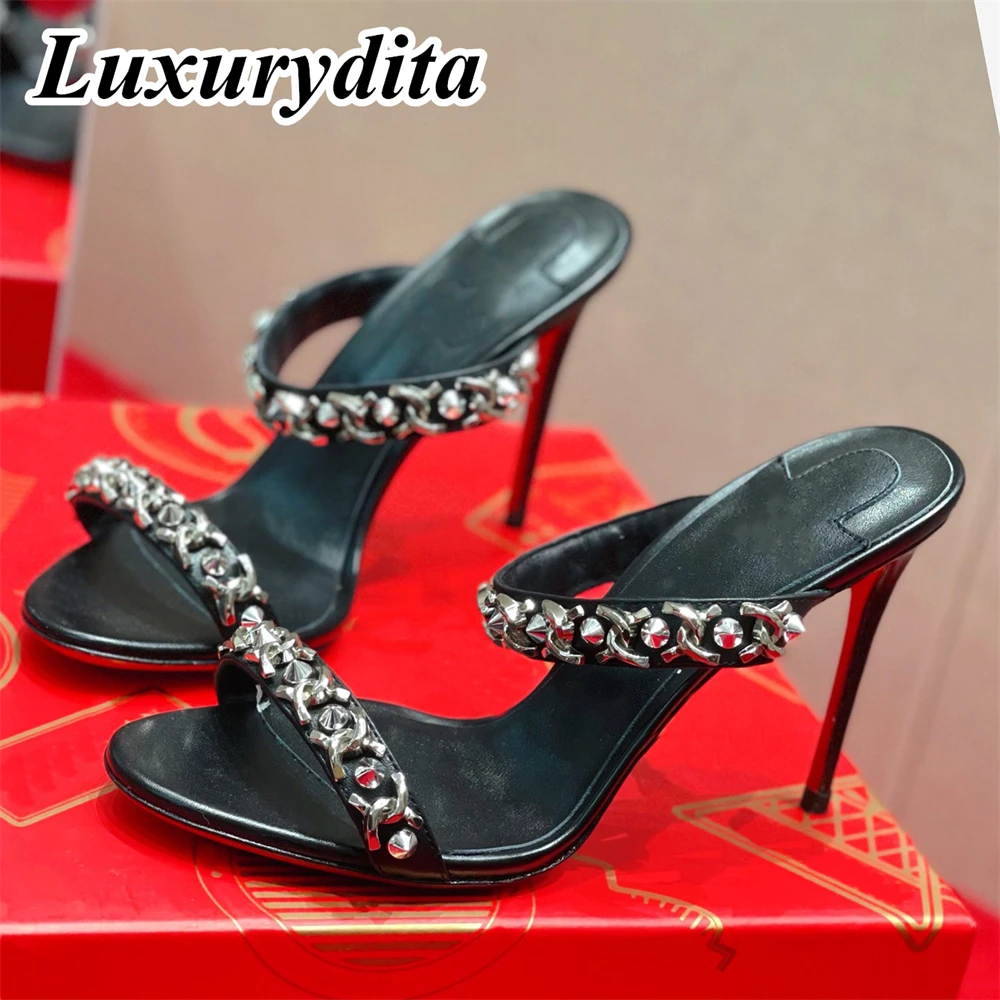 

LUXURYDITA Women Chain Sandal Luxury 10cm High Heels Designer Customize Red Heel Socialite Dinner Mules shoes H242