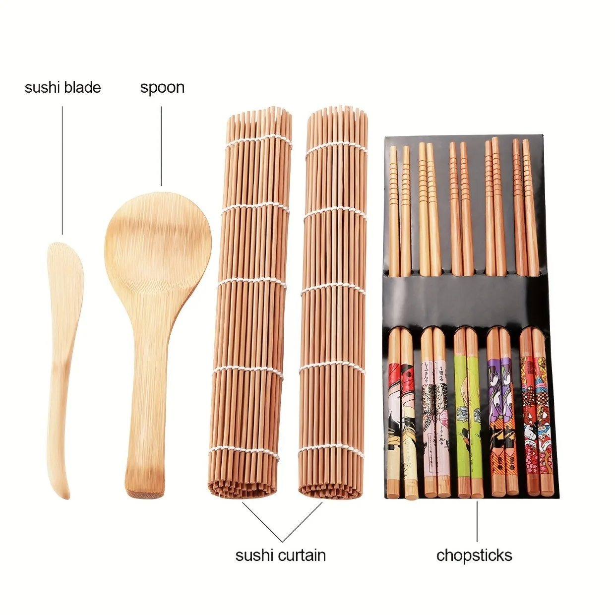 Sushi Making Set Includes 2 Sushi Rolling Mats, 5 Pairs of Chopsticks, Rice Pressing Stick, Sushi Mold, Suitable for Beginners and Experienced Sushi Makers