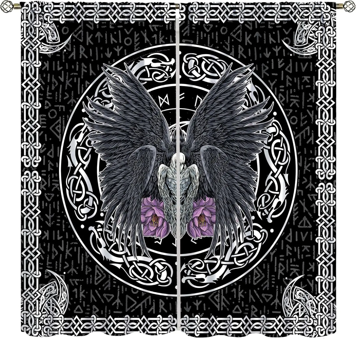 Nordic Mythology Raven Curtains, World Tree Rune Print Drapes for Boys Bedroom