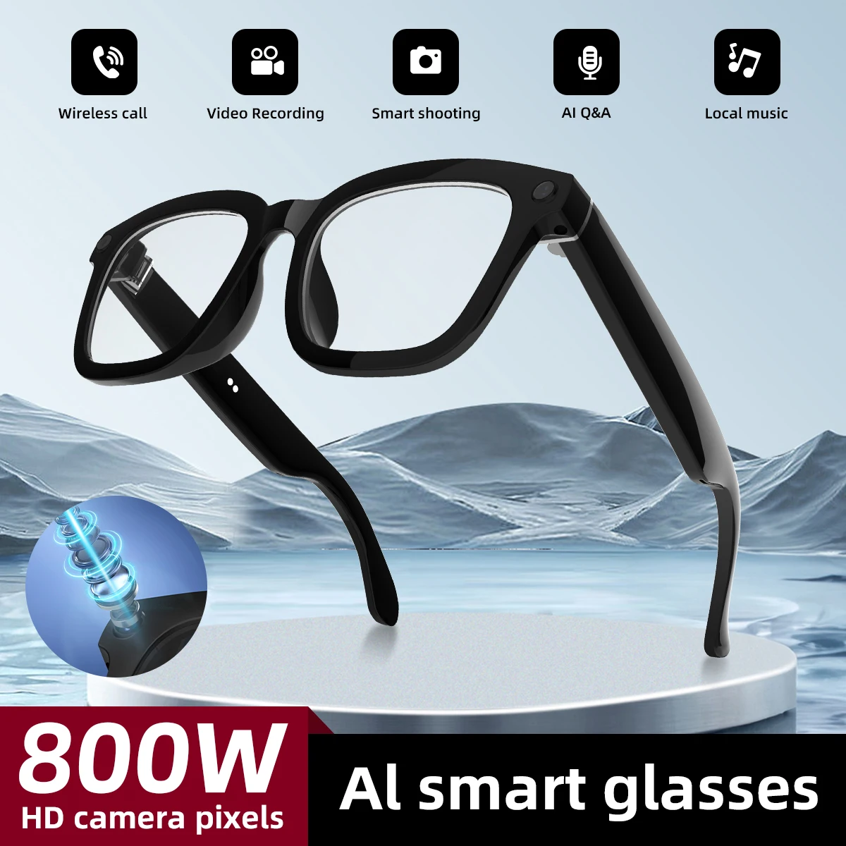 800W Camera Smart Glasses AI Conversation 1200P Video Recorder Music Earphone Wireless Call UV Protection Lenses for Xiaomi 2025