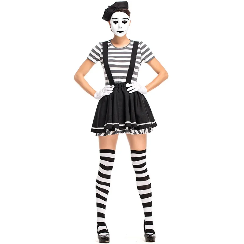 Adult Women Mime Artist Costume Silent Actor Outfit Fancy Dress Halloween Carnival Purim Party Cosplay Costumes