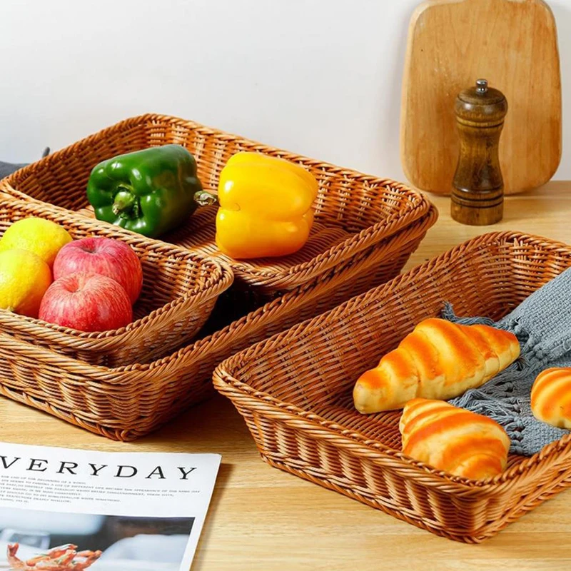 Imitation Rattan Storage Basket Rectangular Fruit Bread Basket Desktop Snack Storage Box Plastic Woven Basket Kitchen Storage