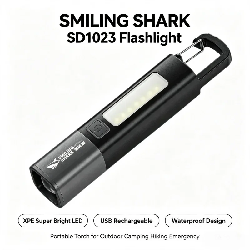 SMILING SHARK  LED Flashlight Torch XPE Super Bright USB Rechargeable Waterproof Flashlight with COB Side Light Portable SD1023