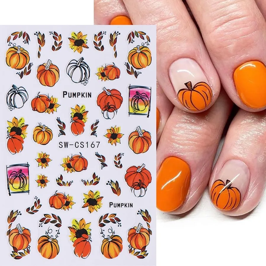 8 Sheets Pumpkin Nail Decals for Thanksgiving Art Stickers Autumn Fruit Flower Leaf 3D SelfAdhesive Fall Decoration Supplies fo