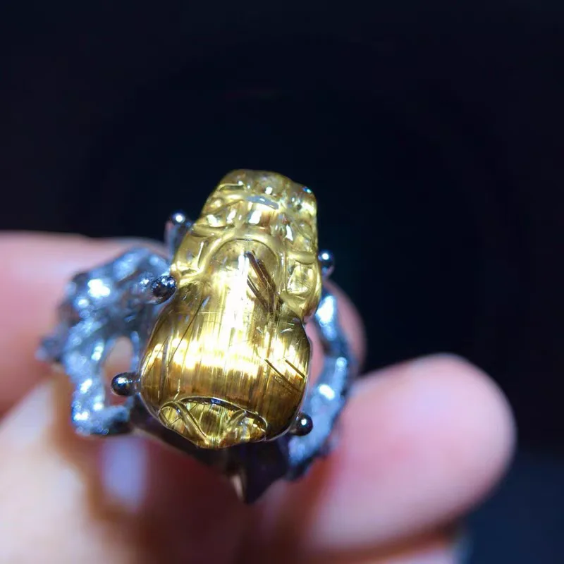 الذهب الطبيعي Rutilated الكوارتز قابل للتعديل حلقة بي شيوى 14.2/8.6 مللي متر زهرة النساء 925 الفضة الأصفر Rutilated الخرز AAAAAA