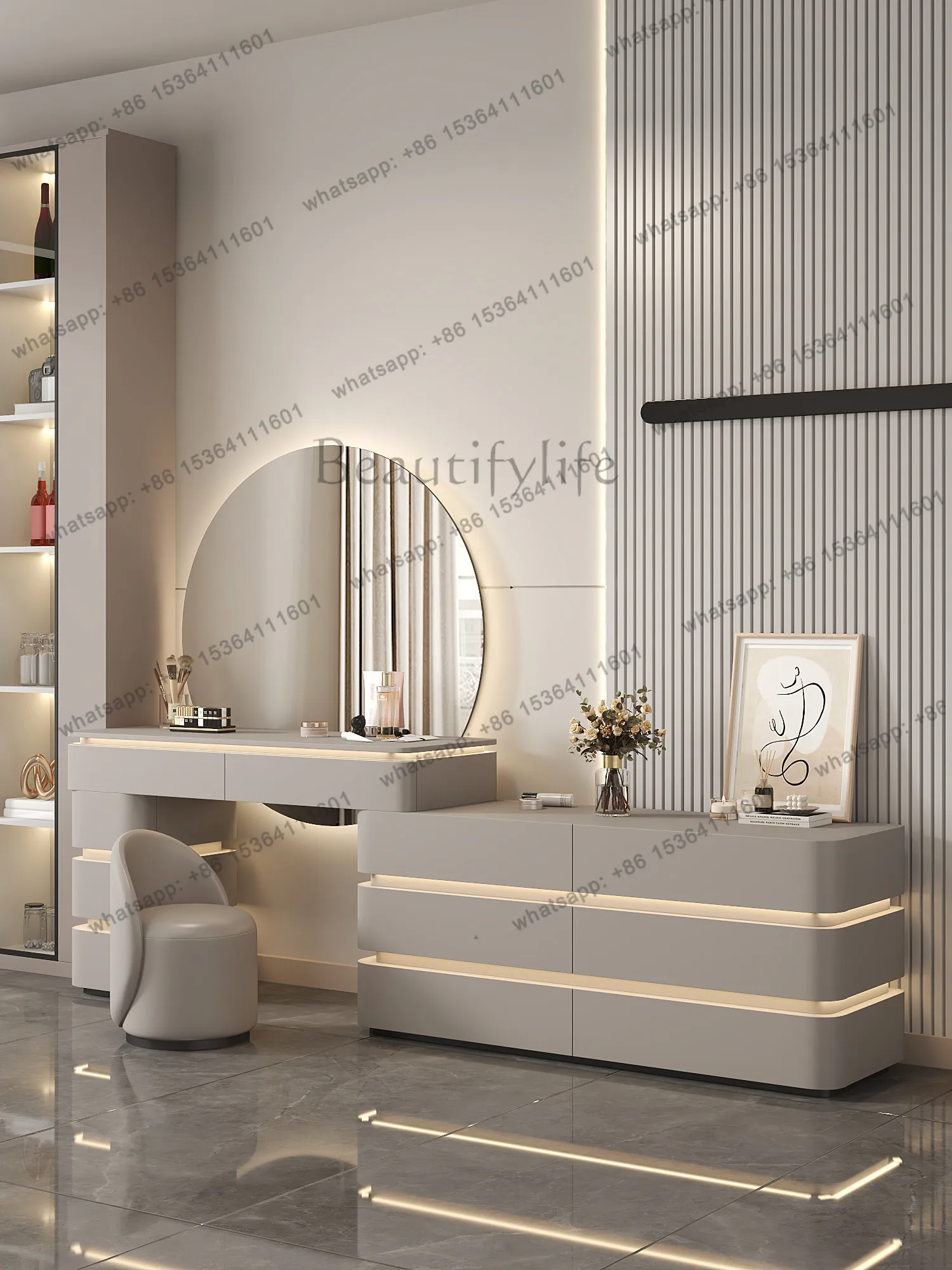 Italian minimalist dresser, bedside storage cabinet integrated household light luxury solid wood gray makeup table
