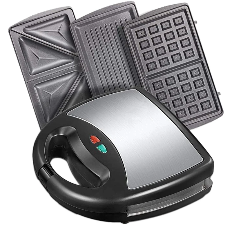 

3 in 1 Sandwich Press Waffle and Steak Machine 750W Sandwich Toaster with 3 Detachable Non-Stick Plates US Plug