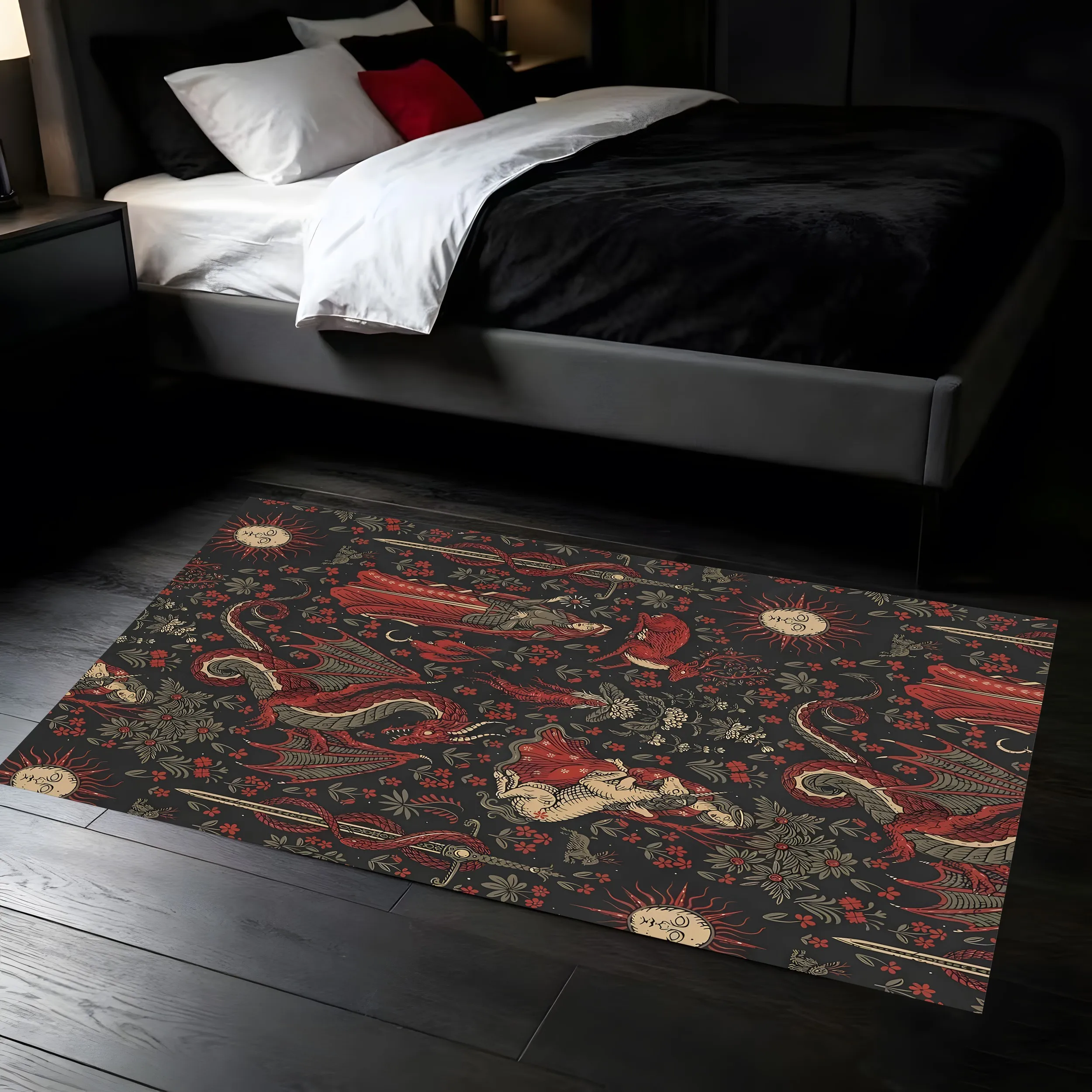 Dragon Print Medieval Retro Velvet Rug for Halloween Living Room Bedroom Entryway Dark Mysterious Home Decor