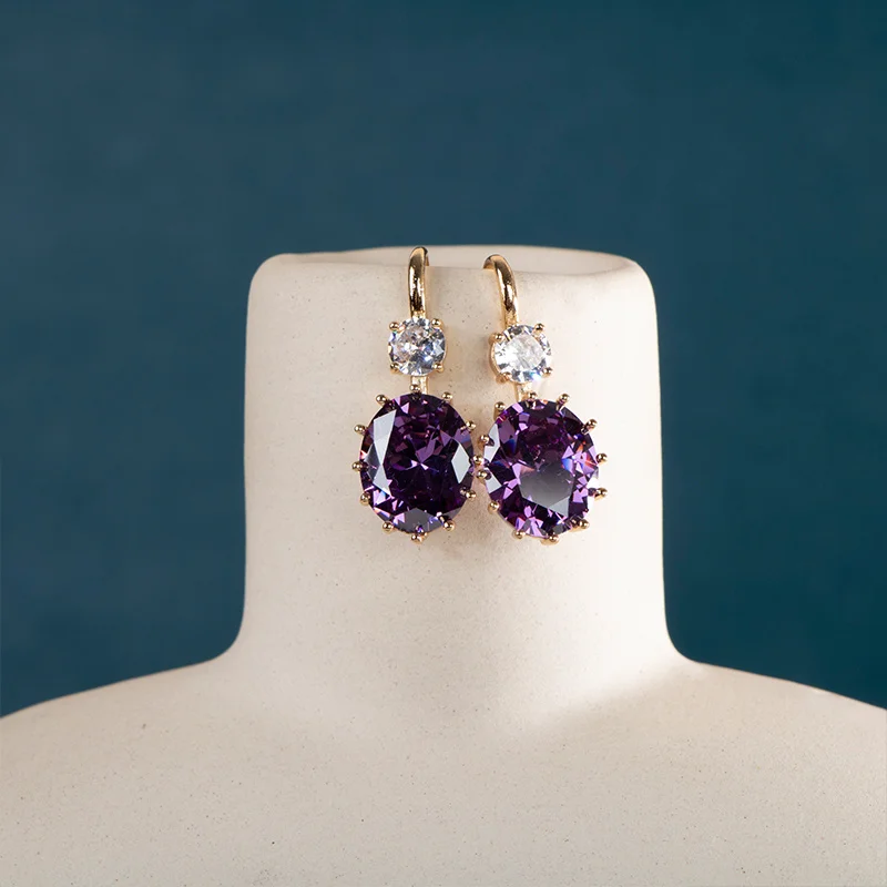 JoiasHome Yellow Gold Color Drop Earrings For Women Silver 925 Jewelry With Purple Zircon Amethyst Female Party Ear Accessories