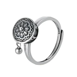 Retro Buddhist Six Character Scripture Turning Sutra Wheel Ring For Men Jewelry Ethnic Bell Lotus Ring 925 Silver Women Bijou