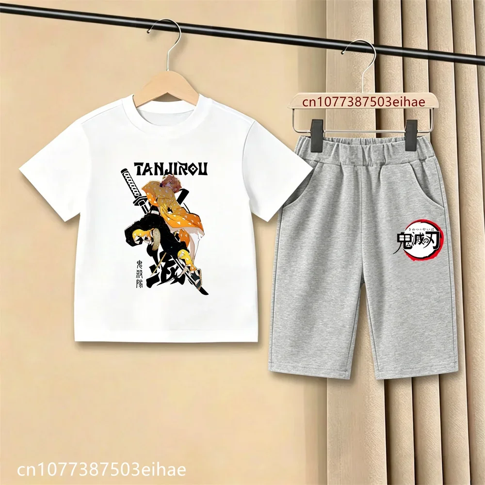 2026 Kids Trendy Streetwear Demon Slayer Anime Print T-Shirt Casual Shorts Ghost Blade Pattern Casual Daily Outdoor Costume Set