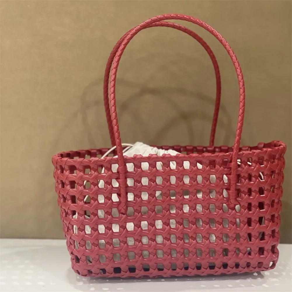 Plastic Hollow Weave Bag Countryside Style Large Capacity Vegetable Basket Bag Bucket Bag Vacation Style Beach Tote Bag Girls