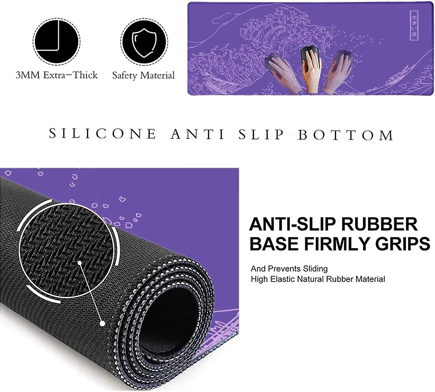 Great Wave XXL Gaming Mouse Pad Purple Minimalist Japanese Desk Mat Cute Gamer Aesthetic Mousepad Extended Non-Slip Rubber Base