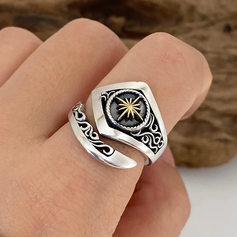 Silver New Retro Sun God Ring Men's Indian Style American Trend Self Discipline Adjustable Men's and Women's High End Jewelry