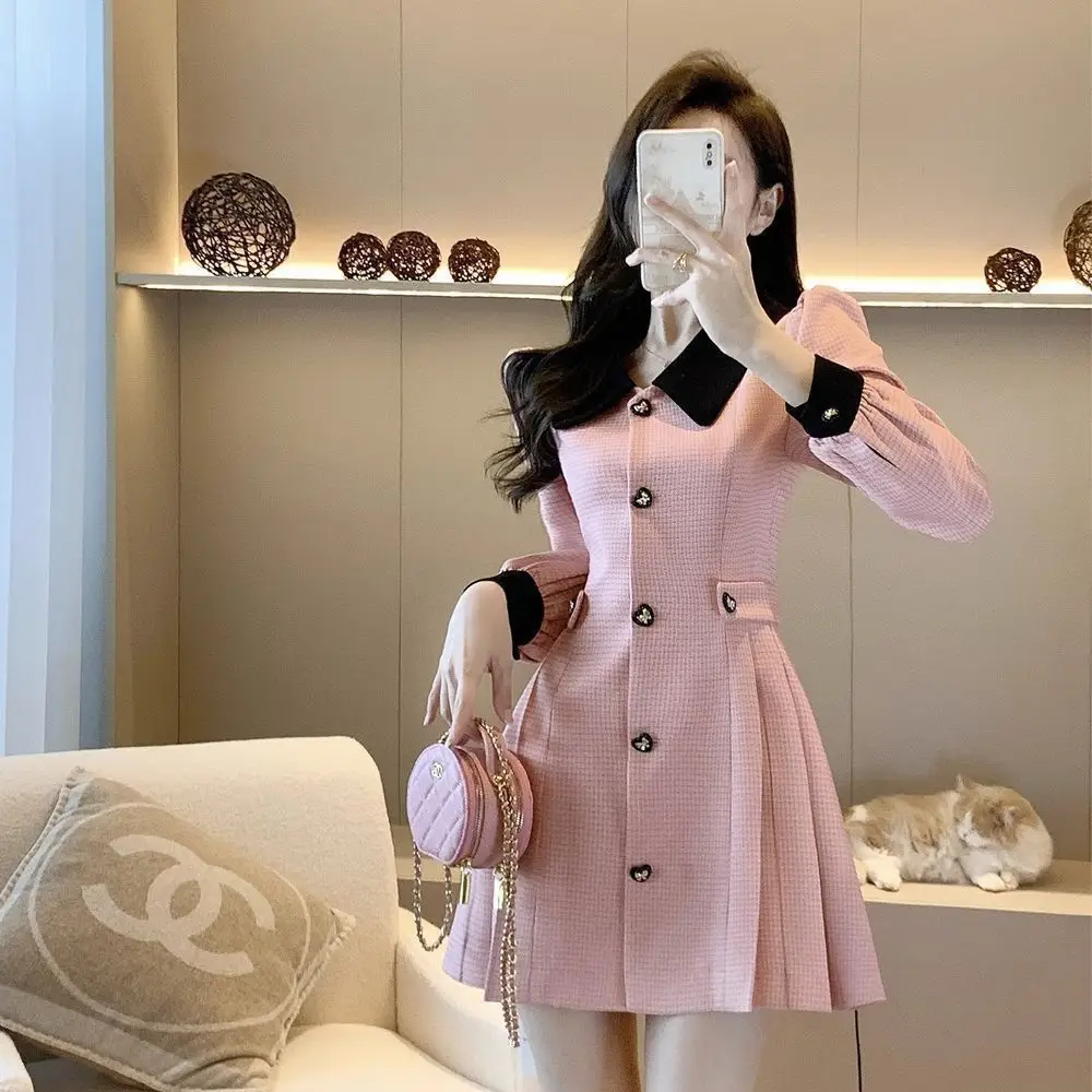 2024 Spring  Autumn New Pink Dress Fashion Splicing Long sleeve single-breasted Elegant Dress Korean Temperament Female Clothing