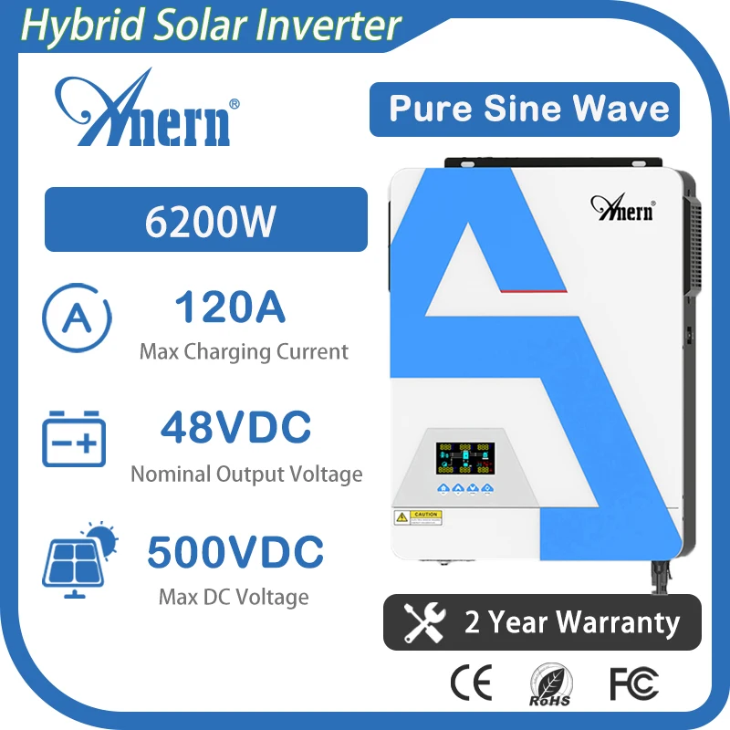 

Anern 6200W Hybrid Solar Inverter 48V 220-240VAC Pure Sine Wave Built-in 120A Charge Controller Max PV Power 6500W With WIFI