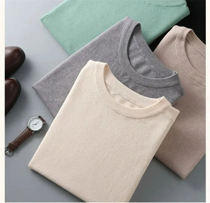 Superfine Merino Wool Knitted Short Sleeve Loose Large Size Round Neck T Half Sleeve Shirt Solid Color Simple Business Men Wear