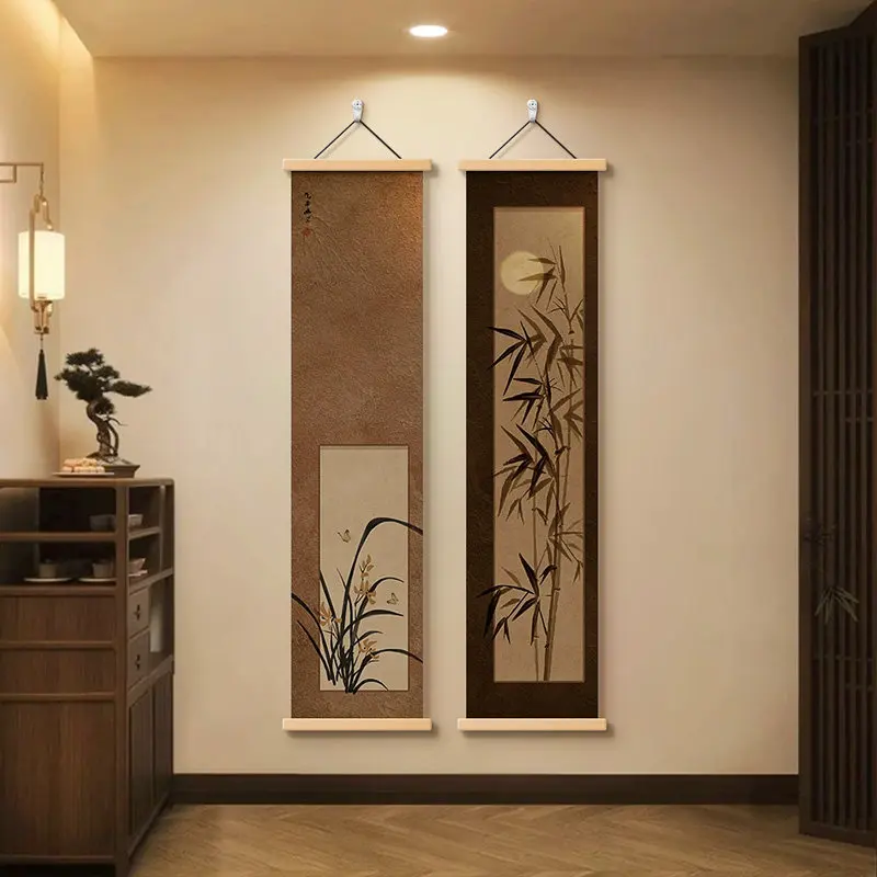 Four Gentlemen Scroll, Chinese Style Long Vertical Wall Art, Song Dynasty Aesthetic Painting for Living Room, Study & Tea Room