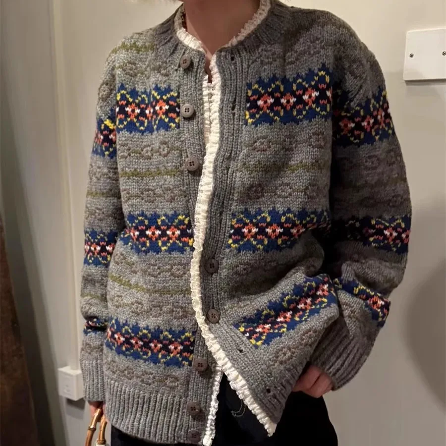 

Retro Sweet Lace Trim Woolen Knitted Cardigan Coat Fair Isle Motif Long Sve round Ne Mid-Length Single Button Closure