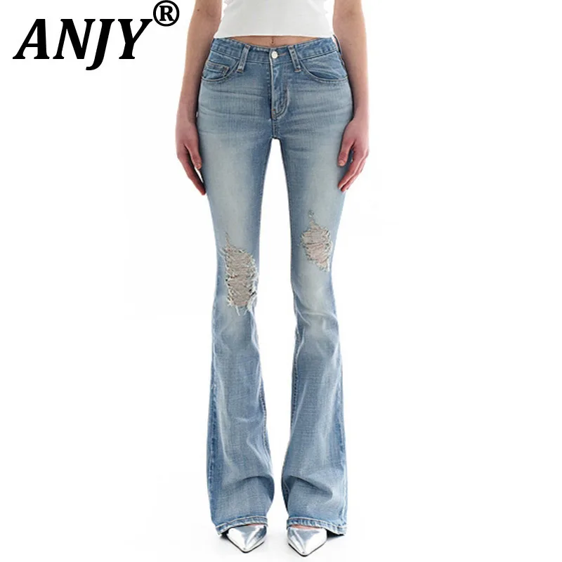 

ANJY Autumn New Women's Korean Vintage Distressed Ripped Bootcut Jeans Casual Ins Trendy High Street Pocket Slim Fit Pants A7858