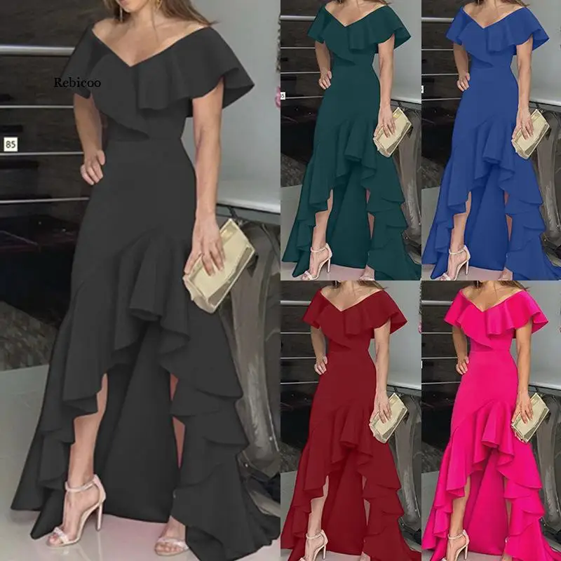 Women's Off Shouler Ruffles Maxi Party Dress  2022 Summer Sexy Elegant Irregular Short Sleeve Mermaid Long Dresses