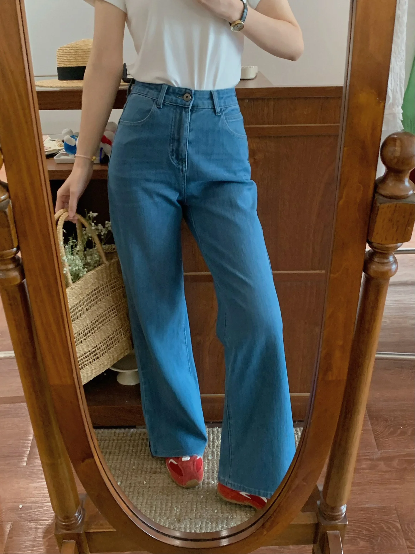 

High Waist Soft Skin-Friendly Four-Dimensional Straight Leg Jeans Women's Spring New Sle Versatile Slimming Floor-Length Pants