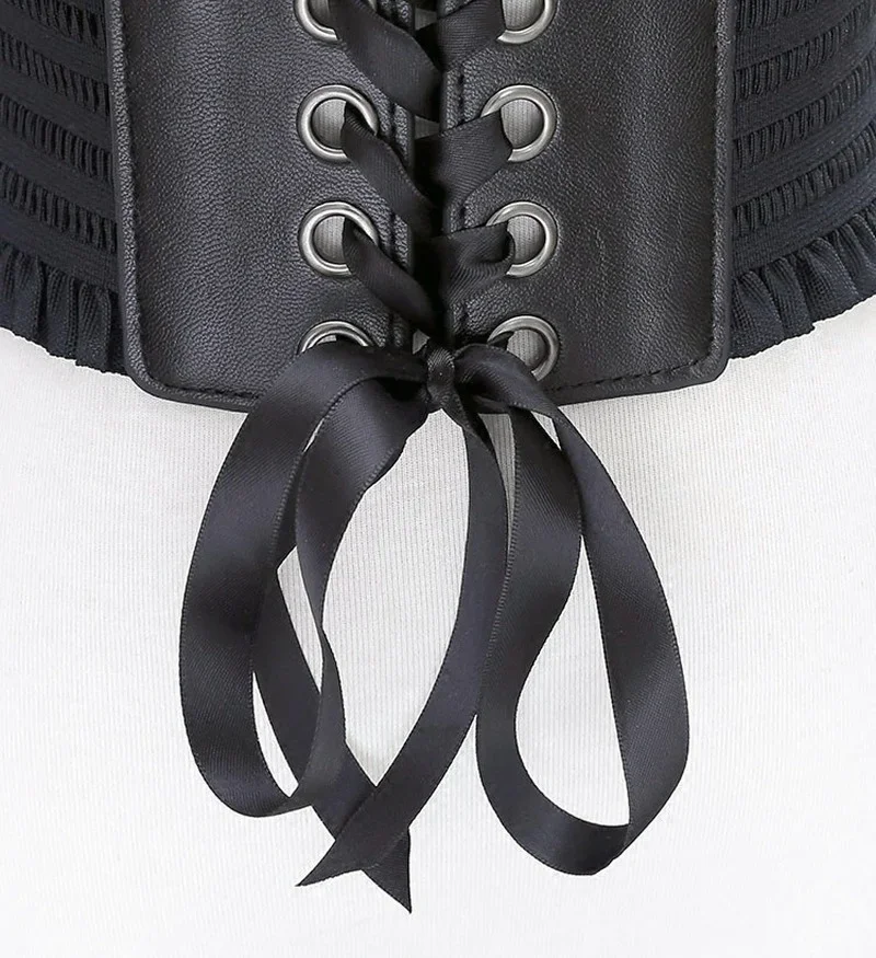 Women\'s Super Wide Belt Faux Leather Tassel Bow Elastic Corset Belt Front Belt Girls Clothes Decoration Fashion Skirt Waistband