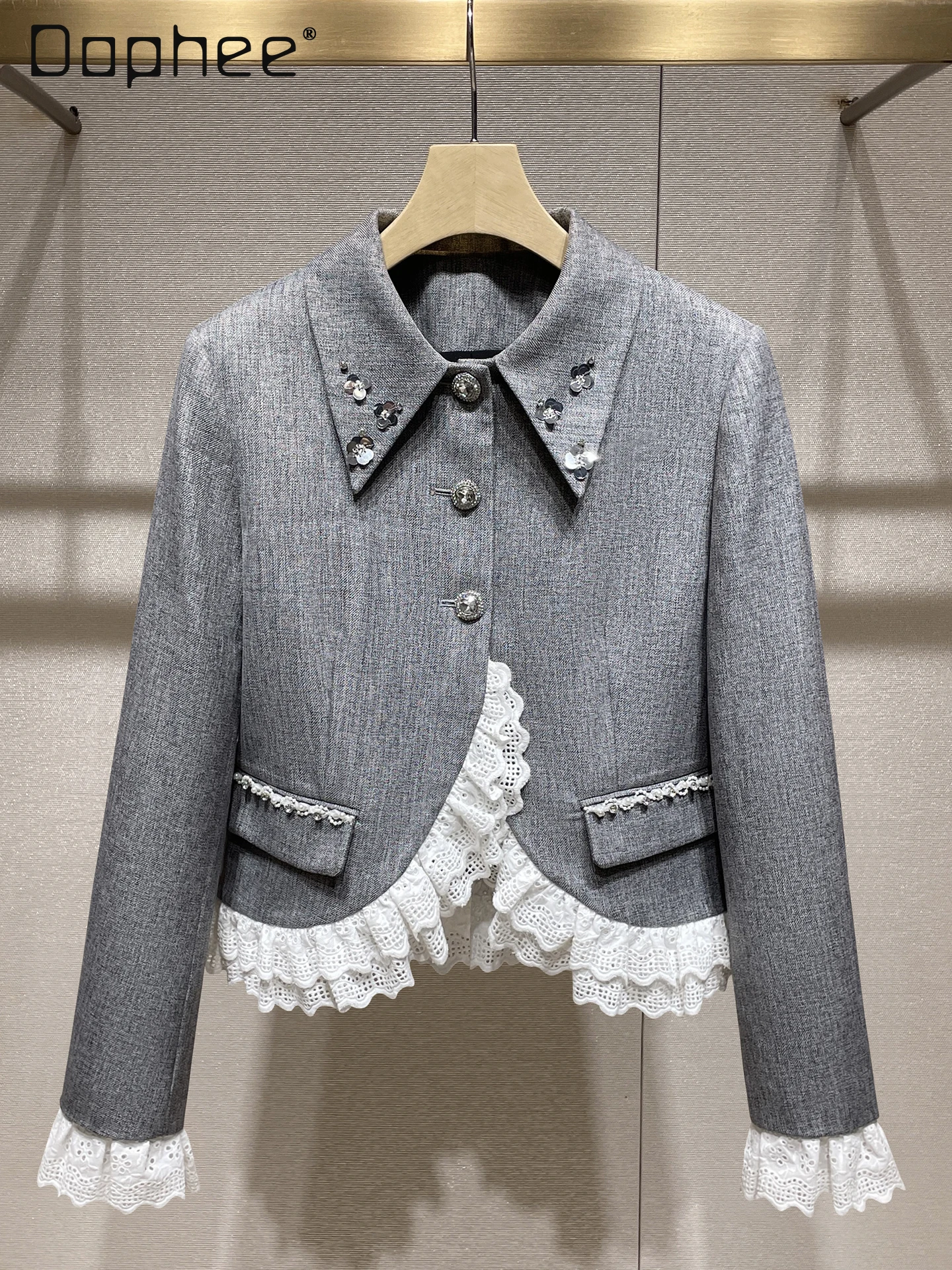 

Элегантный светский пиджак во французском стиле, однобортное короткое пальто для тяжелой промышленности с бисером и блестками, цветочным лацканом и кружевом в стиле пэчворк