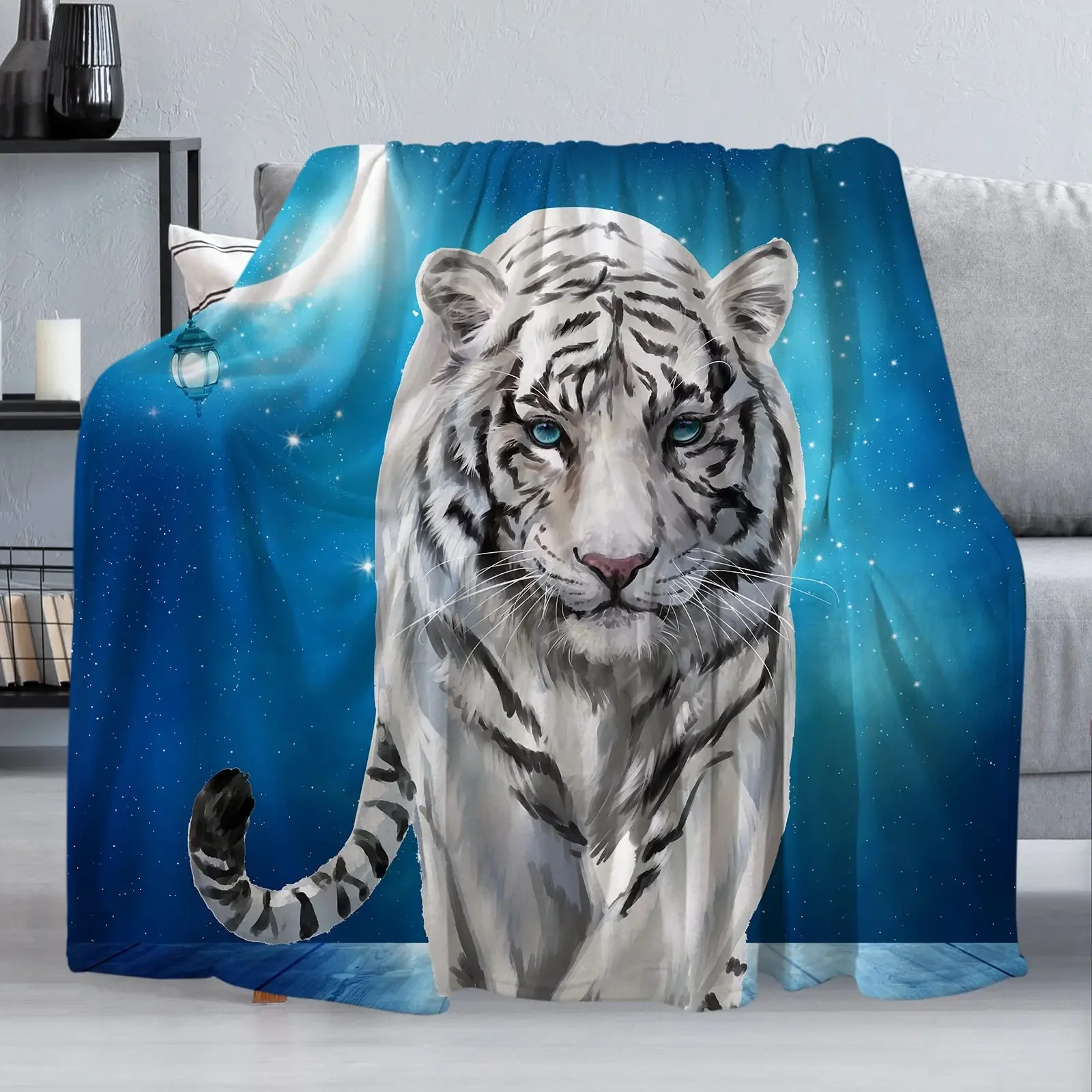 

White Tiger Throw Blanket Soft Cozy Warm Flannel Blanket Siberian White Tiger Under The Blue Starry Night Blankets for Sofa Bed