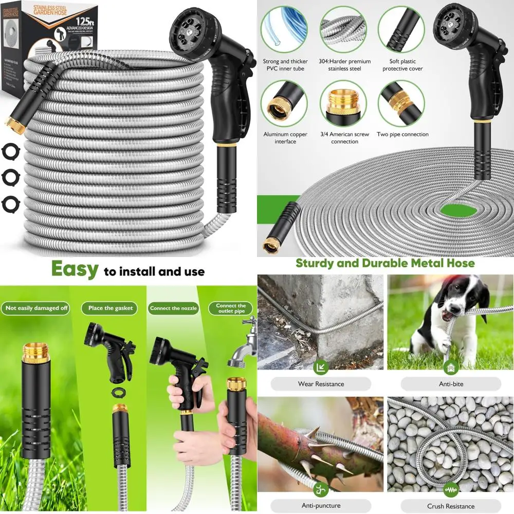 

Stainless Steel 125FT Heavy Duty Garden Hose with 10 Function Nozzle - Kink-Free, Flexible, Durable Water Hose for Outdoor Use