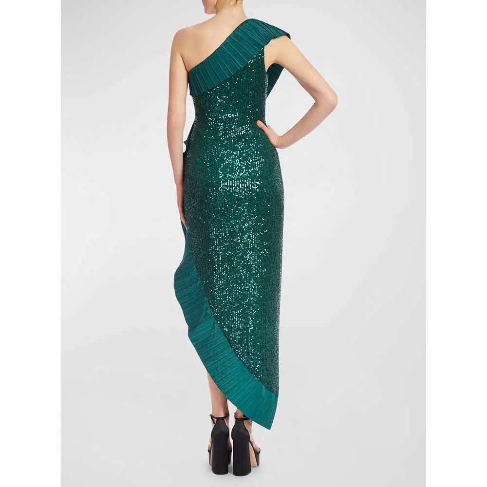 YUMDAI Gorgeous Sequin Single Rotator Sleeve Evening Gown Emerald Irregular Mom Mid-length Informal Dress  Elegant Party Gown