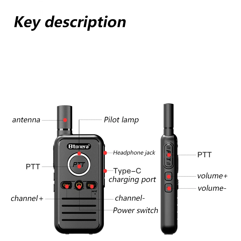 BTONERA BT88S Walkie Talkie Dual PTT Professional Walkie-talkie Portable PMR446 Two Way Radio VOX USB C for Hotel Restaurant