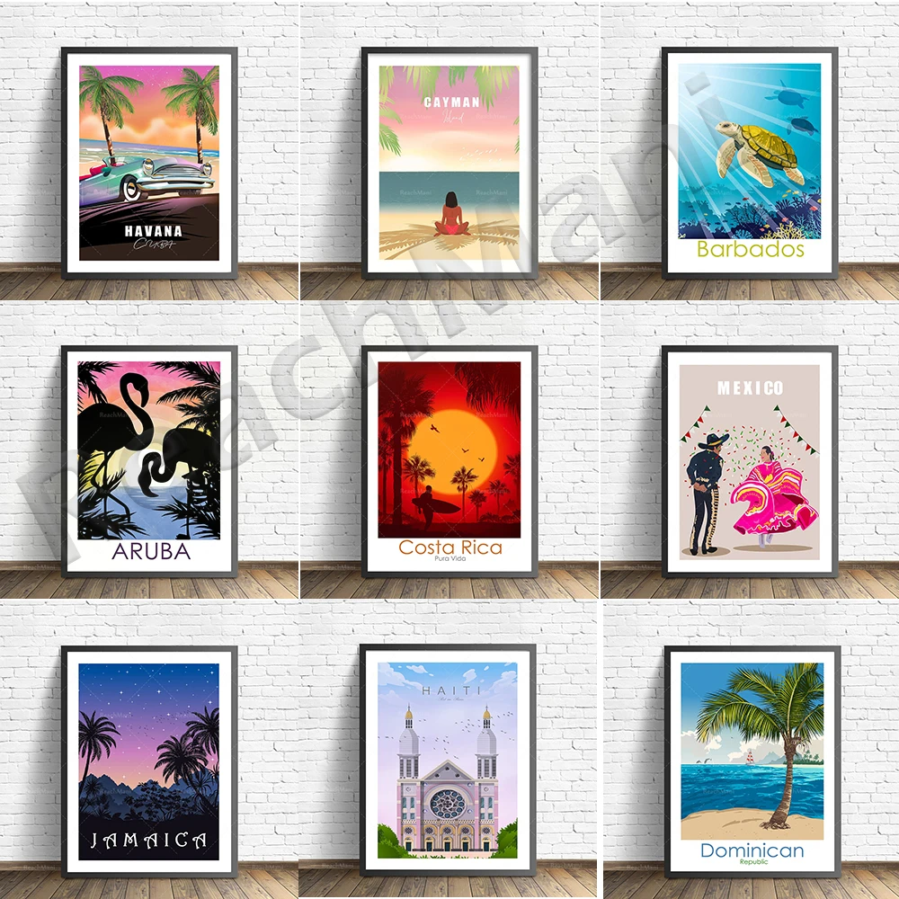 Aruba, Mexico, Cuba, Havana, Jamaica, Costa Rica, Pura Vida, Port-au-Prince Haiti, Cayman Islands, Caribbean travel poster