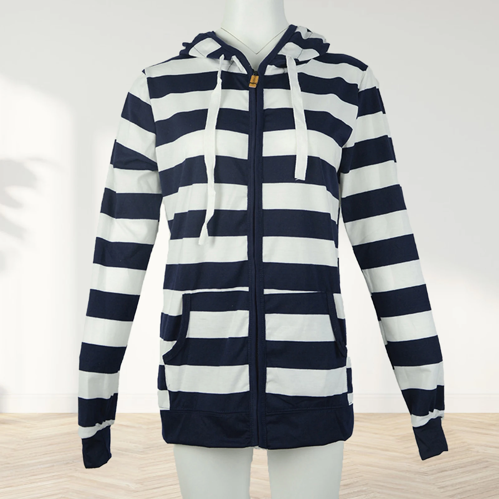 Women Warm Jacket Striped Hoodie Sweatshirt Top Hooded Pockets  Zipper Coat